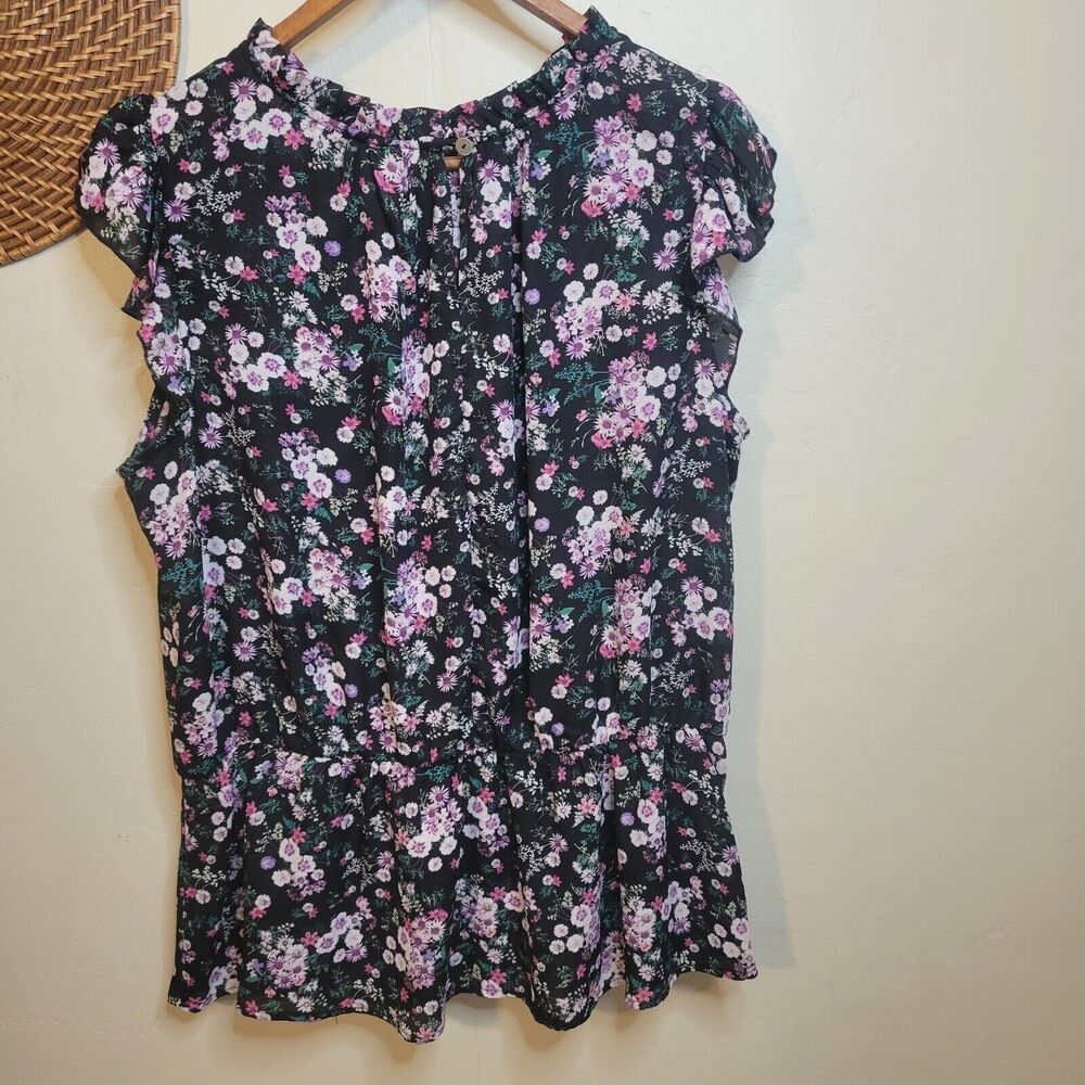Janet Chung Peplum Floral Chiffon Top Black Purple Pink Flowers Ruffle Sleeve 2X - Picture 5 of 13